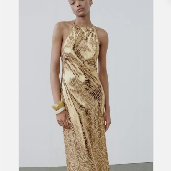 ZARA  FOIL ANIMAL PRINT MIDI HALTER OPEN BACK GOLD DRESS - Picture 4 of 16